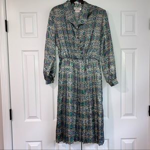 Vintage Florentine Petites Paisley Blue Green Button Up Long Sleeve Dress 14